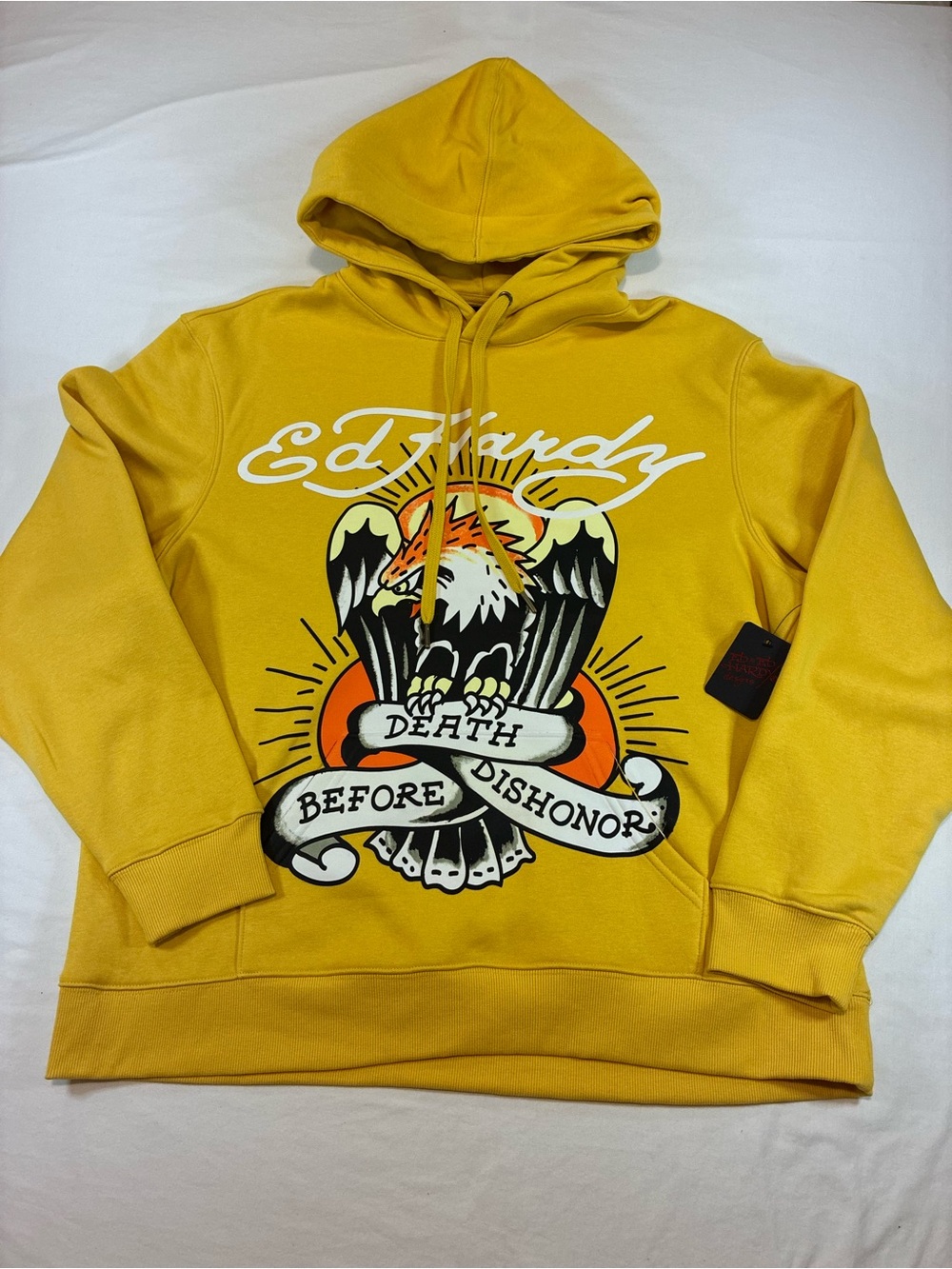 Ed Hardy Yellow Graphic Pullover Hoodie with Eagle Motif